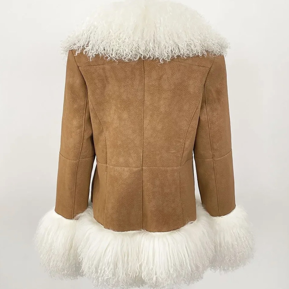 Luxurious Brown & Off White Mongolian Fur Penny Lane Retro 70s Jacket Coat - Picture 6 of 10